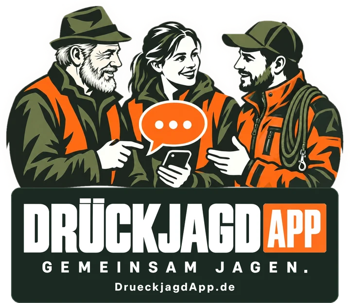 Drei Jäger in Oliv und Orange schauen gemeinsam auf ein Handy. Darunter DRÜCKJAGD APP, Gemeinsam jagen.